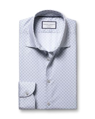 CHARLES TYRWHITT Non-Iron Stretch Print Cotton Shirt - Dark Blue Single Cuff Size 15.5/33 by Charles Tyrwhitt