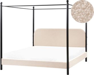 Beliani Cama Con Dosel De Metal Negro Retro Minimalista Somier De Listones Madera De &Aacute;lamo Tapicer&iacute;a De Boucl&eacute; Beige 180 X 200 Cm Dannemois