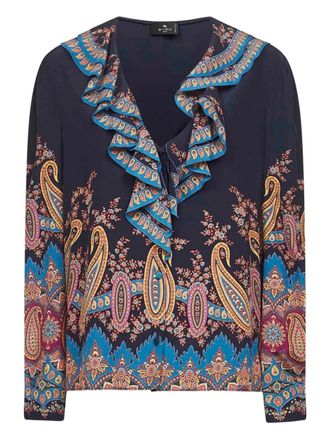 Etro Top met paisley-print en ruches - Blauw