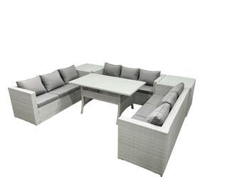 Fimous Rattan Garden Outdoor Furniture Set 9 Seater Garden Sofa Rectangulr Dining Table Set with 2 Side Tables Light Grey Mixed