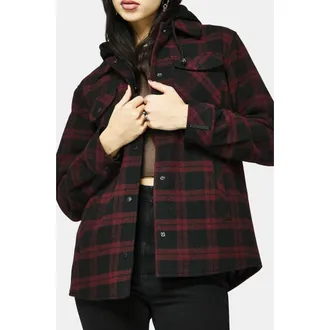 Disturbia Trellis Hooded Check Shacket in Dark Red at Nordstrom, Size 10
