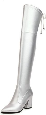 Generic Womens Over-The-Knee Elastic Boots, Slip-On Pointed Toe & Block Heel, Versatile for Work and Leisure,Silver,7.5 UK