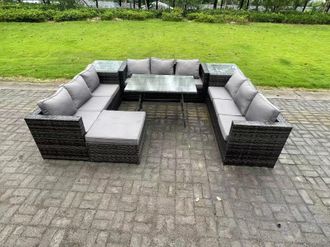 Fimous 10 Seater Wicker PE Rattan Outdoor Furniture Lounge Sofa Garden Dining Set with Dining Table Side Tables in Dark Grey