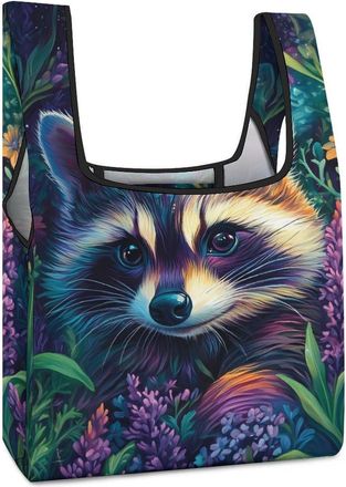 Generic Raccoon Flowers Shopping Bag Reusable Grocery Tote Bag Foldable Handbag for Travel Picnic