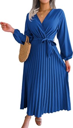 Generic Womens Lace Up Plisse Maxi Dress High Waist V Neck Elegant Large Swing Long Sleeve Dress Formal Night Evening (Blue,Large)