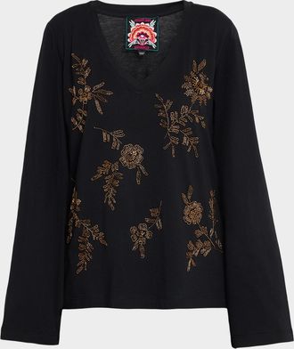 Johnny Was Floral Beaded Cotton Top