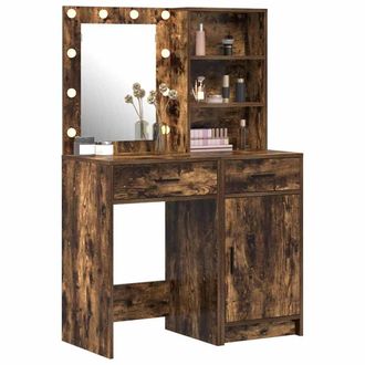 Berkfield Home Modern 2 Piece Dressing Table Set with LED Smoked Oak Engineered Wood in Brown