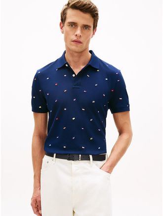 Tommy Hilfiger Mens Regular Fit Allover Flag Pique Polo - Navy - XXXL