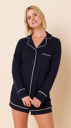 The Cats Pajamas Pima Knit Long Sleeved Short Set in Midnight at Nordstrom, Size X-Small
