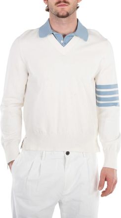 Thom Browne Mens Jersey 4-Bar V Neck Polo Pullover in White, Brand Size 1 (Small)