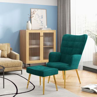 HOMCOM Armchair with Footstool Button Tufted Accent Chair w/ Steel Legs in Green