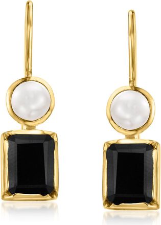 Ross-Simons Onyx and 4.5-5mm Cultured Pearl Drop Earrings in 18kt Gold Over Sterling