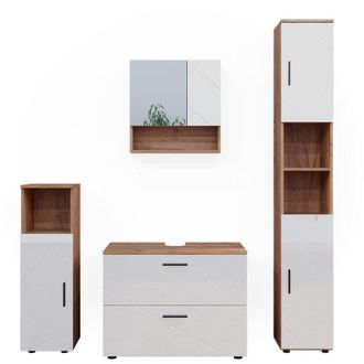 Vicco Set di mobili da bagno Irma, Bianco lucido/oro power oak, 4 parti, con cassettiera e colonna