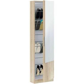 Dmora Scarpiera Eugene, Armadio portascarpe alta a 1 anta, Mobile portascarpe moderno, Armadio da ingresso con specchio, 50x22h180 cm, Rovere