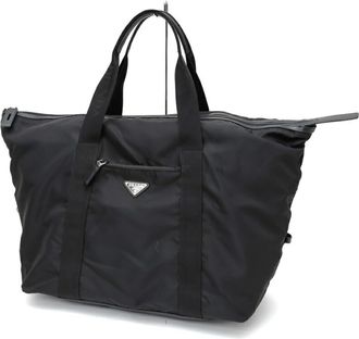 Prada Black Nylon Leather Fabric Saffiano Boston Bag (Pre-Owned)