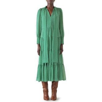 L.k. Bennett Polly Polka Dot Tie Neck Long Sleeve Midi Dress in Malachite/Birch at Nordstrom, Size 10 Us