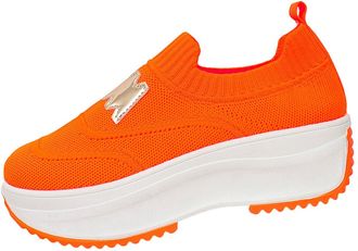 Generic Womens Slip On Shoes Mesh Breathable Walking Shoe Stylish Solid Color Thick Sole Comfortable Casual Wedge Shoes Outdoor Leisure Orange