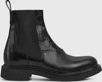 Gucci Mens Ankle Boot With GG Detail, Black, Leather