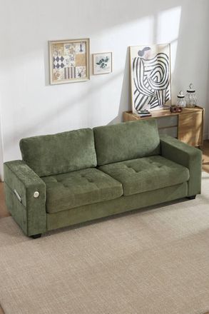 Living and Home 2-Seater Chenille Upholstered Sofa with Charging Ports in Green