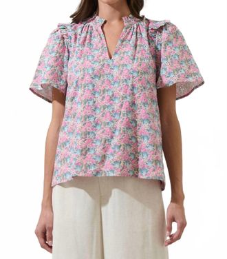 Sugarlips Gemalee Eyelet Mei Split Neck Top In Pink Green