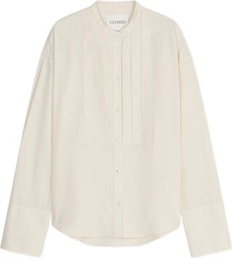 Closed Relaxed Fit Blouse with Vertical Pleats and Band Collar