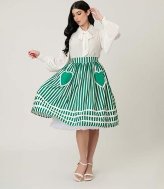 Unique Vintage Front Pocket Swing Skirt in Green & White Stripe at Nordstrom, Size X-Large