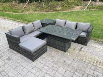 Fimous 7 Seater Outdoor Rattan Sofa Set Adjustable Lifting Dining Table Side Coffee Table Footstool in Dark Grey