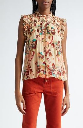 Ulla Johnson Georgina Floral Sleeveless Pliss&eacute; Silk Top in Camellia at Nordstrom Rack, Size 16