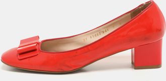 Ferragamo Red Patent Leather Elinda Block Heel Bow Pumps
