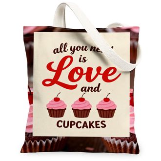 Generic Love Cupcakes Canvas Tote Bags, Sweet Treats Pattern Reusable Grocery Bags, Cute Vintage Lightweight Washable Shoulder Stra, Beige, 13x15 Inch