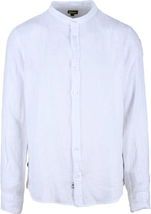 Blauer White Mandarin Collar Long-Sleeve Linen Shirt