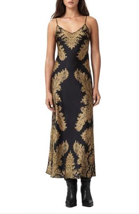 AllSaints Bryony Paisley Stretch Satin Slipdress in Ella Black at Nordstrom, Size 10 Us