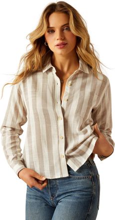 Ariat Womens Rudford Shirt Long Sleeve in Khaki Stripe, Size X-Large, by Ariat