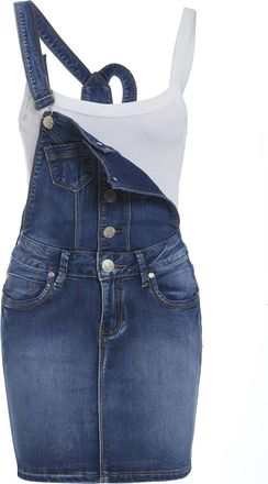 SS7 New Womens Skinny Denim Dungaree Dress, Mid Blue, Sizes 8 to 14 (14, Mid Blue)