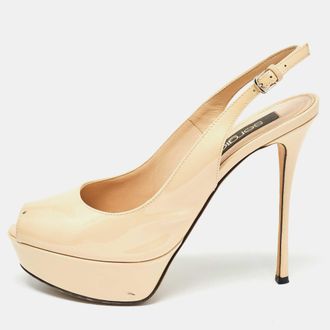 Sergio Rossi Beige Patent Leather Peep Toe Slingback Pumps