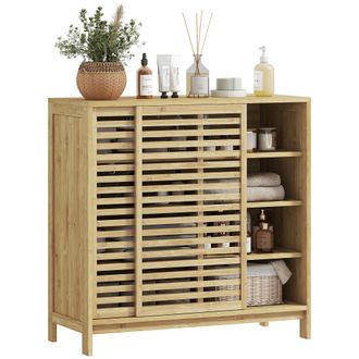 OEM Armario De Ba&ntilde;o De Bamb&uacute; Con 2 Puertas Correderas Dise&ntilde;o De Lamas 4 Estantes Mueble Auxiliar De Ba&ntilde;o 80x34x80 Cm Natural