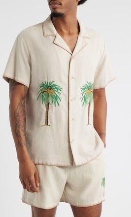 MAVRANS Palm Tree Linen Blend Button-Up Shirt in Beige at Nordstrom, Size Xx-Large