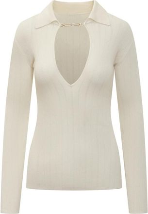 Elisabetta Franchi Geribbelde tricot top met open details - Dames - V-hals truien - Beige - M - Truien & Vesten