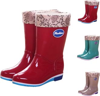Generic Wellies Women Mid Calf Boots with Plush Lining Wellington Waterproof Anti-Slip Short Chelsea Boots Ladies Comfortable Slip-on Rainboots for Outdoor Wo