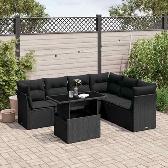 vidaXL Set De Sof&aacute;s De Jard&iacute;n 7 Pzas Con Cojines Rat&aacute;n Sint&eacute;tico Negro Vidaxl