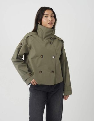 Brave Soul mac oversize corto doppiopetto con colletto in khaki-Verde