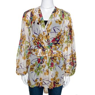 Roberto Cavalli Multicolor Silk Georgette Floral Print Faux Wrap Blouse