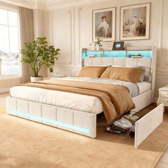 OEM Cama 140x190 - Pocketpop - Lino Beige - 4 Cajones De Almacenamiento - Led Regulable, Usb Y Tipo-c