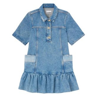 Ganni Short Dresses, female, Blue, Size: XS Patchwork Denim Peplum Mini Dress