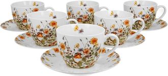 OEM Juego De 6 Tazas Y Platillos Con Dise&ntilde;o De Aves Silvestres