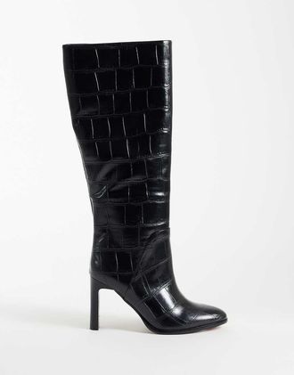 Asos Claribel stivali al ginocchio con tacco e zip in nero effetto coccodrillo