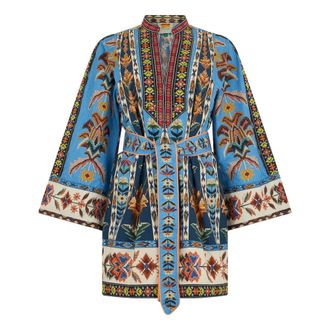 Farm Rio FARM Rio, Shirt Dresses, female, Multicolor, Size: XS Printed Blouse with Belt