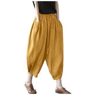 Generic Trousers Waist Elastic Band Balloon Linen Loose Casual Women Summer Trousers Womens Wide Leg, yellow, M