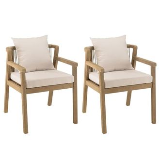 Macabane Lote de 2 sillones de cuerda sint&eacute;tica acacia/beige con cojines grises
