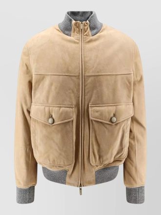 Brunello Cucinelli suede jacket high collar cashmere trim